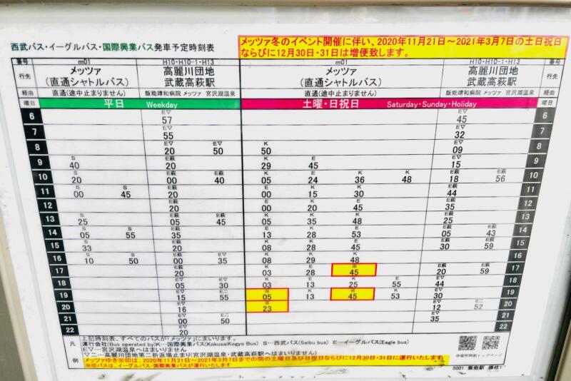 飯能駅北口1番バス停メッツァ行き時刻表（2020年11月時点）