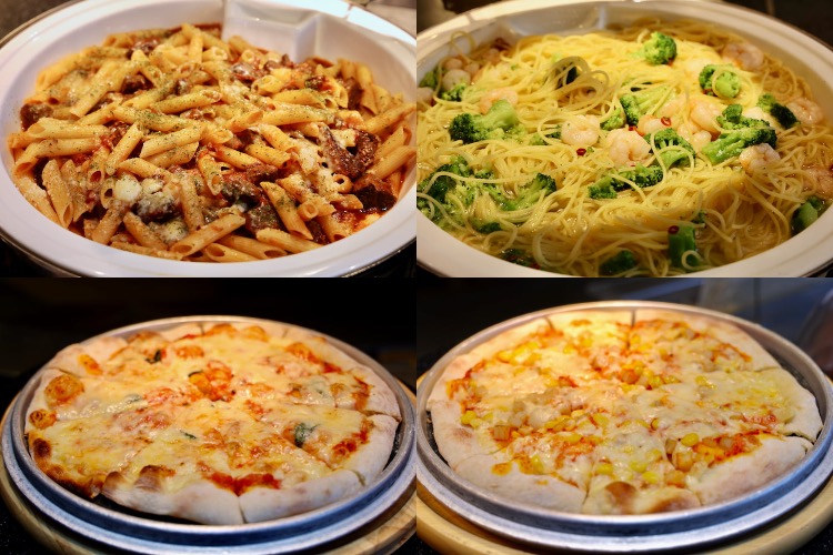パスタ各種や焼き立てのマルゲリータピザやトウモロコシとポテトのピザ