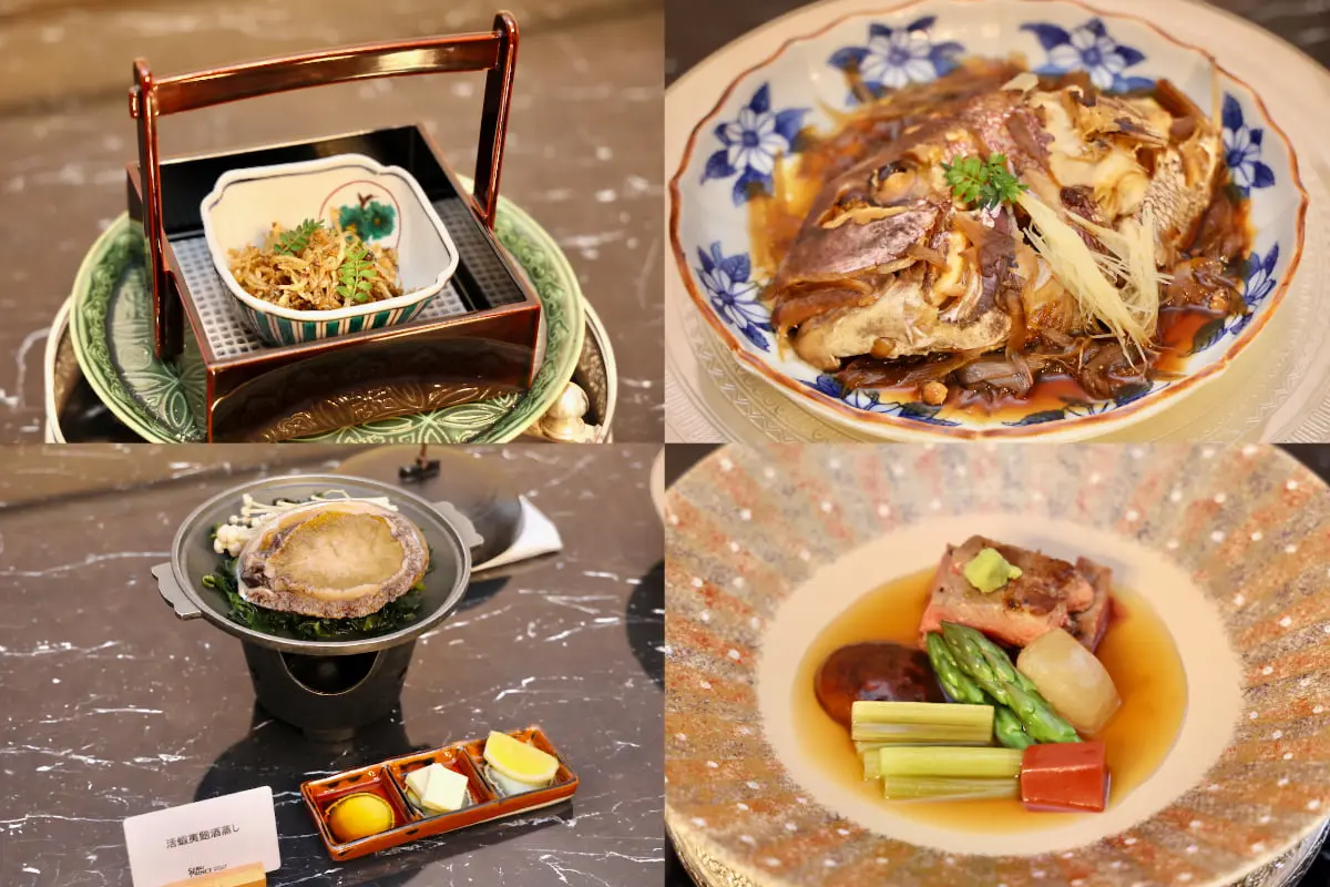 縮緬⼭椒（1,199円〜） 鯛兜煮（1,800円〜） 活蝦夷鮑酒蒸し（7,500円〜） 和⽜の⼭葵餡掛け（3,000円〜）