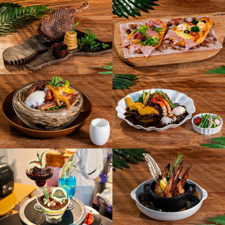 APEXトマホーク（骨付きリブロース）2〜3人前 8,000円（税・サ込） ナンの巨大な足跡ピザ 2,000円（税・サ込） ジュラシック・エッグ・サラダ 2,500円（税・サ込） 漆黒の海 黒カレー ミニサラダ付き 2,500円（税・サ込） 大空のシェイブアイスマウンテン ショコラ＆ベリー 1,500円（税・サ込） 海のシトラスとヨーグルトアイス ディープブルーゼリー 1,500円（税・サ込） 大地のトロピカルフルーツとチョコレートの断層パフェ（1日20食限定）2,000円（税・サ込） ダイナソー・アタック餃子 1,200円（税・サ込）