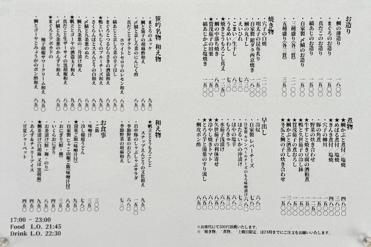 「笹吟」のメニュー