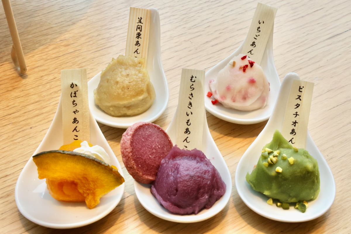 笠間栗あん、かぼちゃあん、紫芋あん、ピスタチオあん、いちごみるくあん