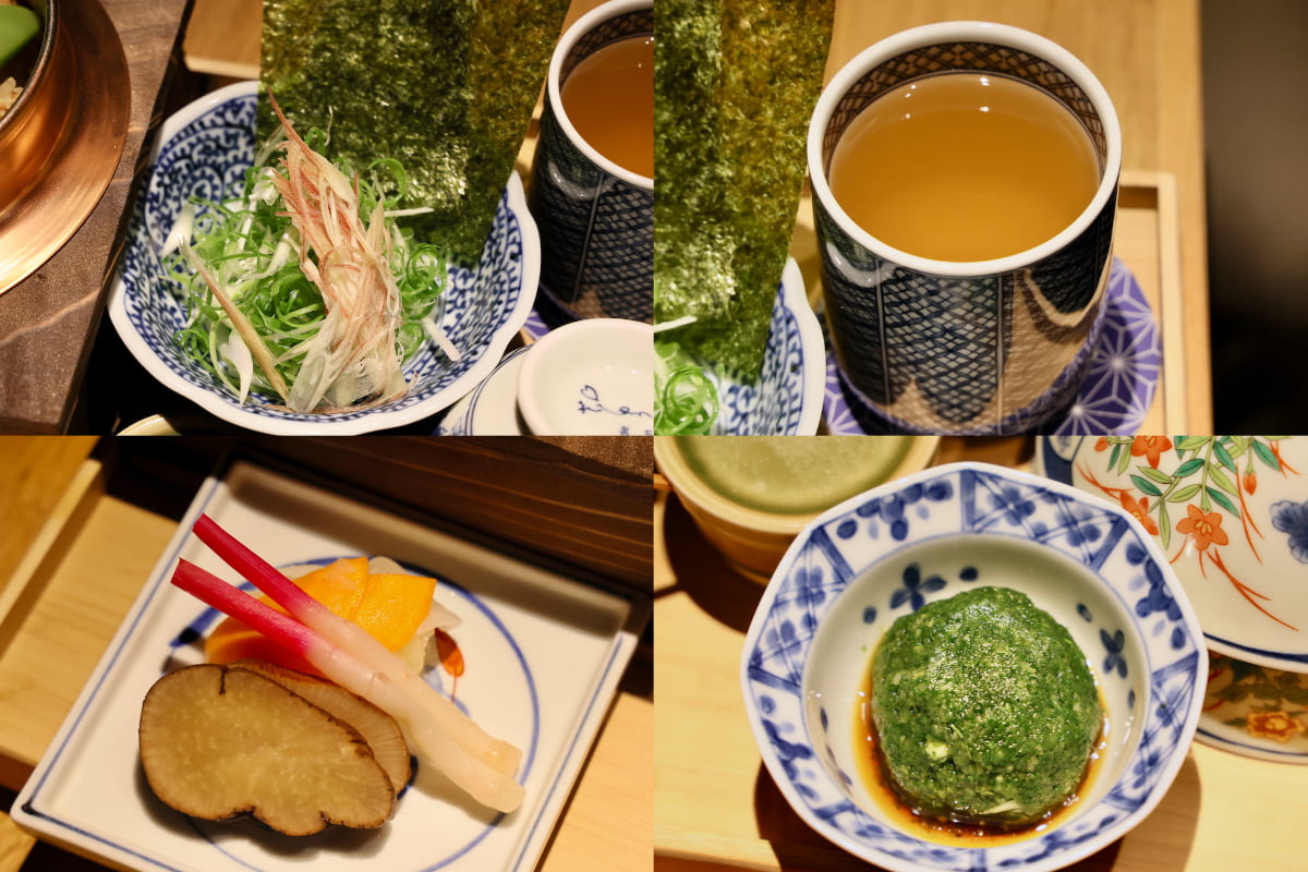 ネギ、みょうが、海苔、お出汁、いぶりがっこ、甘酢しょうが、はじかみ、大根おろし（ほうれん草入り）
