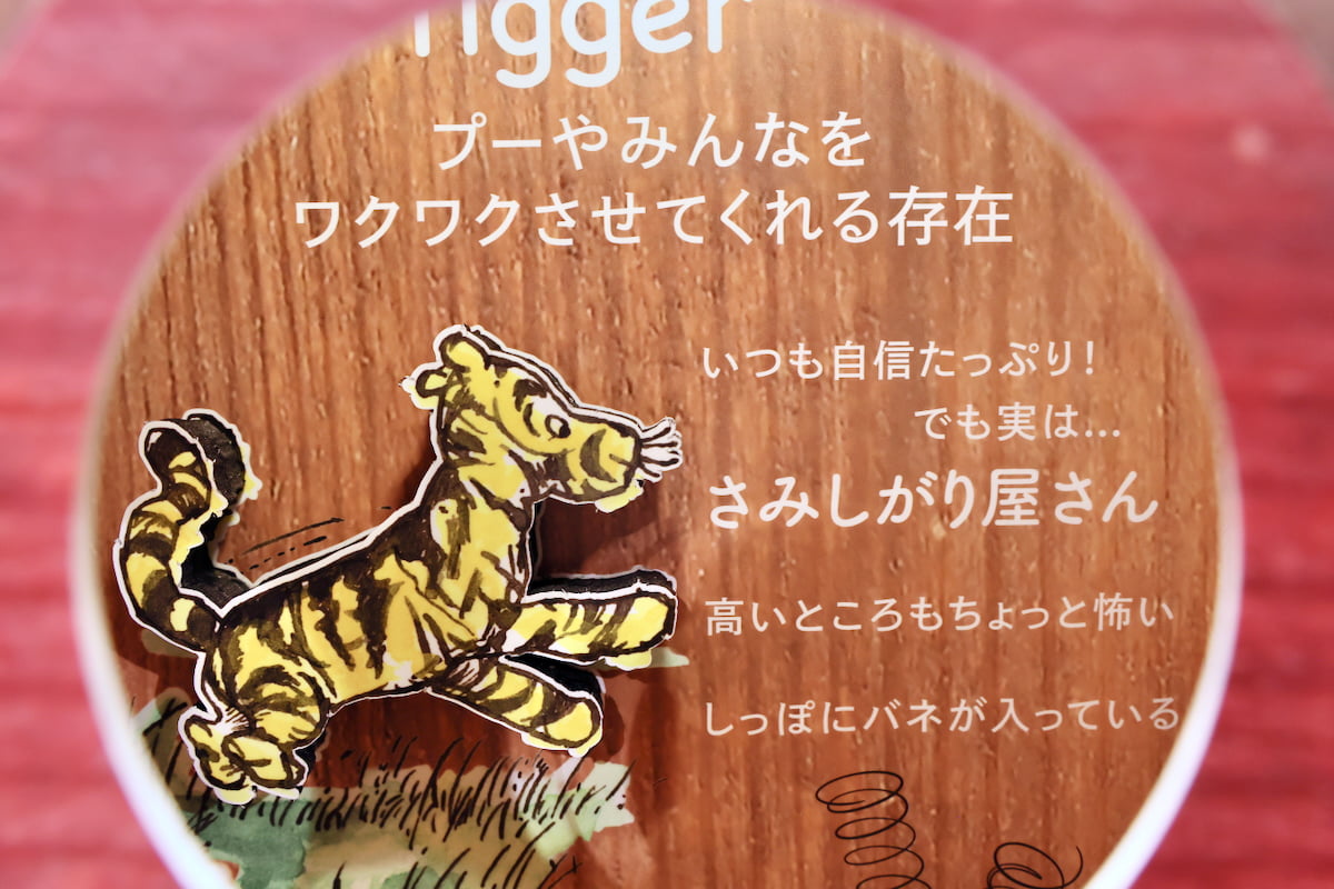 木箱の中をのぞくと、ティガーをはじめとしたプーさんの仲間たちのイラストや紹介文